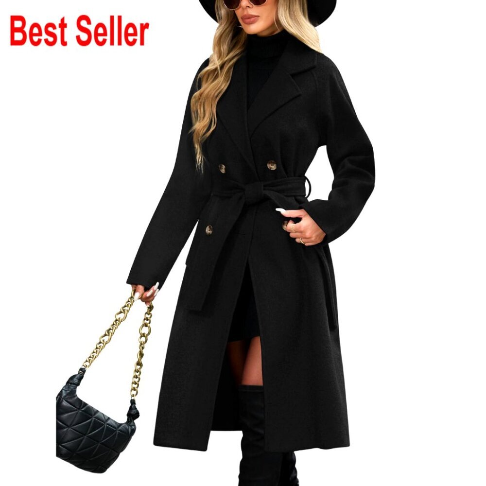 Elegant Pea Coat Double Breasted Trench Jacket Slim Fit Long Outerwear with Belt